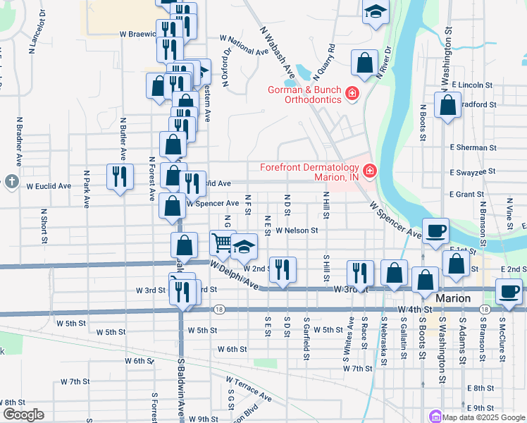 map of restaurants, bars, coffee shops, grocery stores, and more near 1006 West Spencer Avenue in Marion