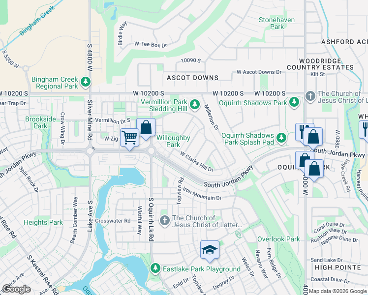 map of restaurants, bars, coffee shops, grocery stores, and more near 10398 Martings Drive in South Jordan