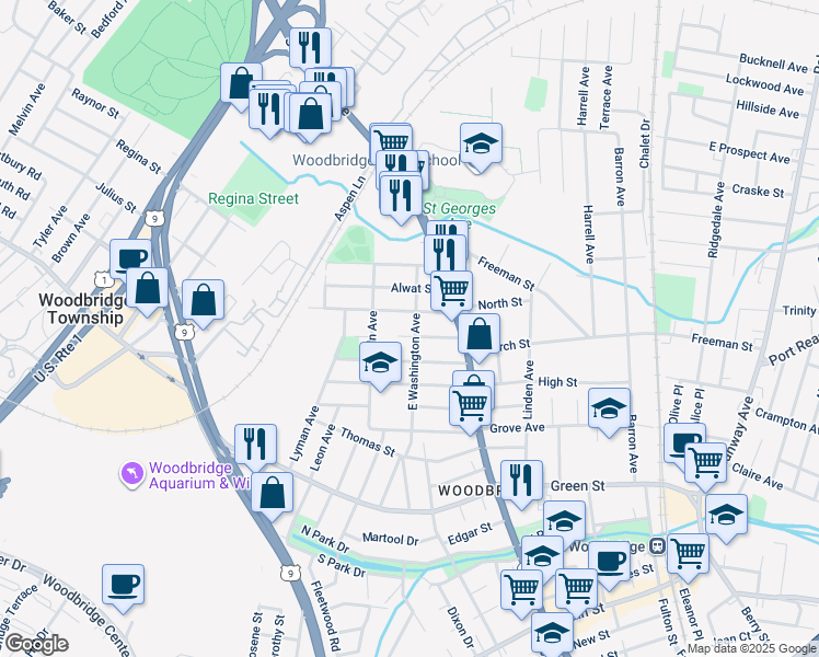 map of restaurants, bars, coffee shops, grocery stores, and more near 36 Willry Street in Woodbridge Township
