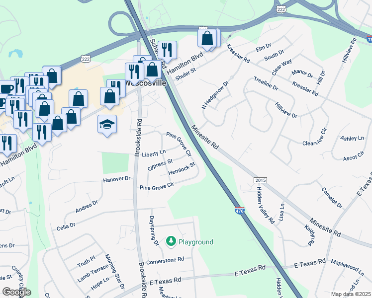 map of restaurants, bars, coffee shops, grocery stores, and more near Pine Grove Circle in Allentown