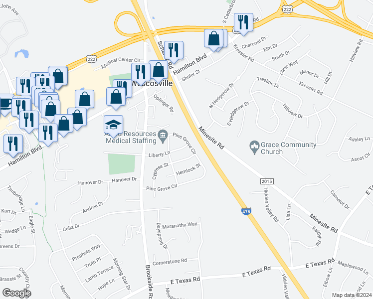 map of restaurants, bars, coffee shops, grocery stores, and more near 4866 Liberty Lane in Allentown