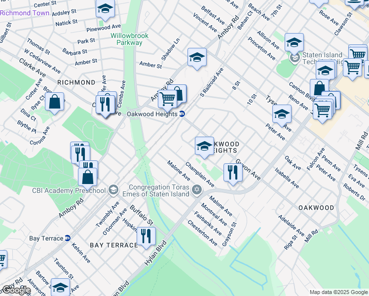 map of restaurants, bars, coffee shops, grocery stores, and more near 130 Adelaide Avenue in Staten Island