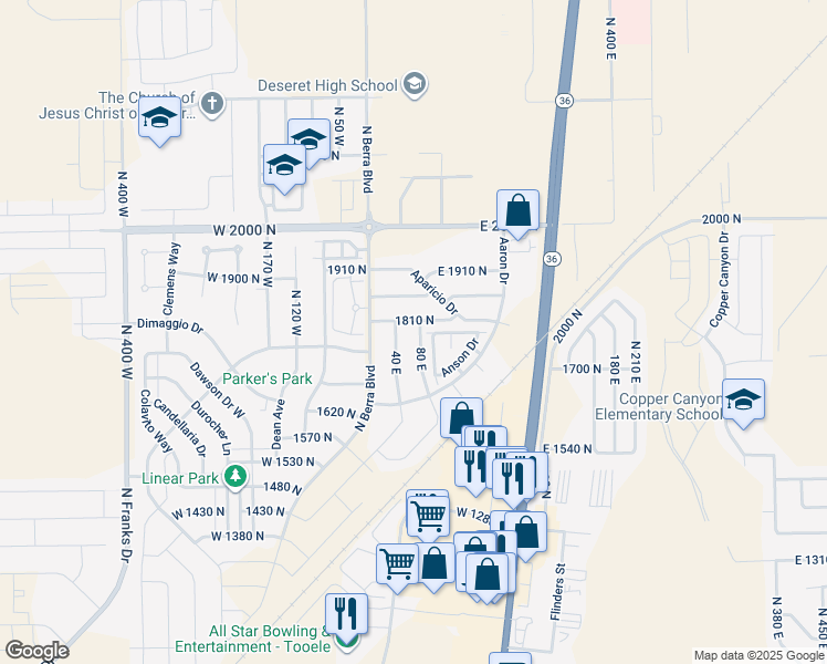 map of restaurants, bars, coffee shops, grocery stores, and more near 47 1810 North in Tooele