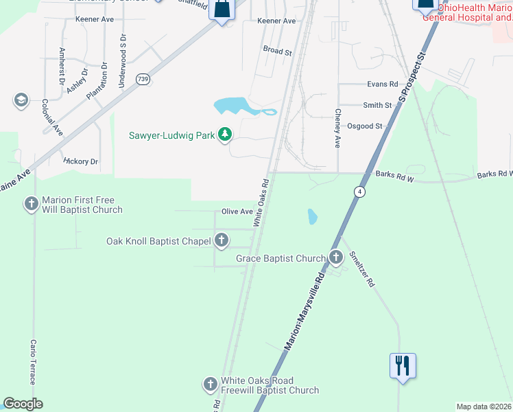 map of restaurants, bars, coffee shops, grocery stores, and more near 1433 White Oaks Road in Marion