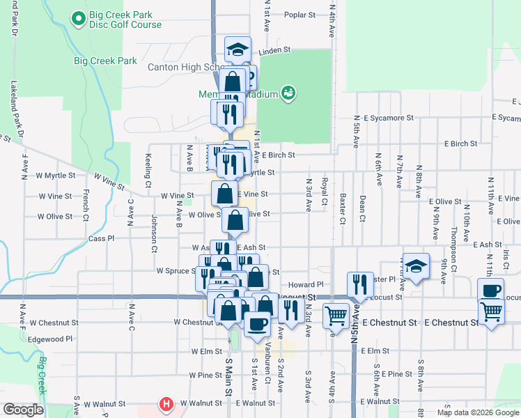 map of restaurants, bars, coffee shops, grocery stores, and more near 100-198 East Vine Street in Canton