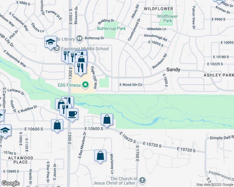 map of restaurants, bars, coffee shops, grocery stores, and more near 1510 Edgecliff Drive in Sandy