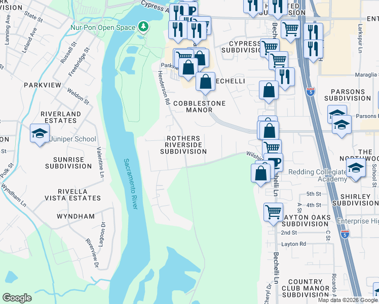 map of restaurants, bars, coffee shops, grocery stores, and more near 3043 Henderson Road in Redding