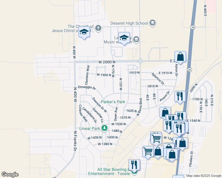 map of restaurants, bars, coffee shops, grocery stores, and more near 1791 North 170 West in Tooele