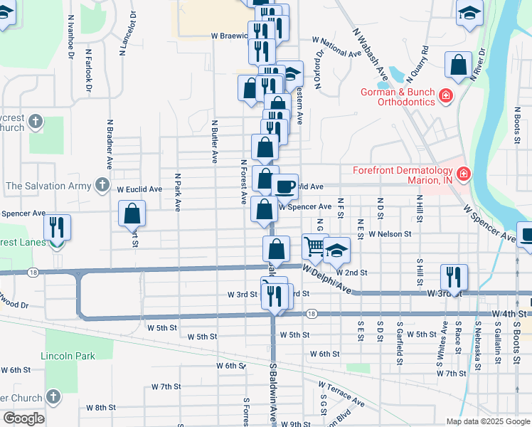 map of restaurants, bars, coffee shops, grocery stores, and more near 1328 W Spencer Ave in Marion