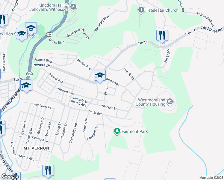 map of restaurants, bars, coffee shops, grocery stores, and more near 1631 Hazlett Street in New Kensington