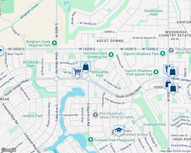 map of restaurants, bars, coffee shops, grocery stores, and more near 10358 Clarks Hill Drive West in South Jordan