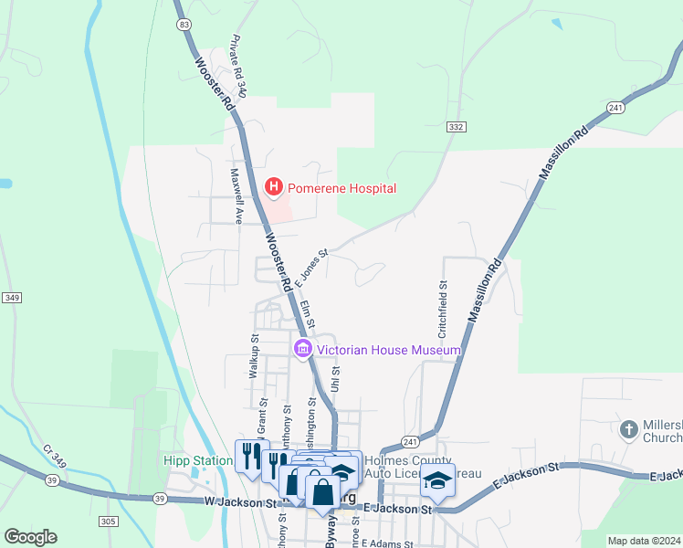 map of restaurants, bars, coffee shops, grocery stores, and more near 149 East Jones Street in Millersburg