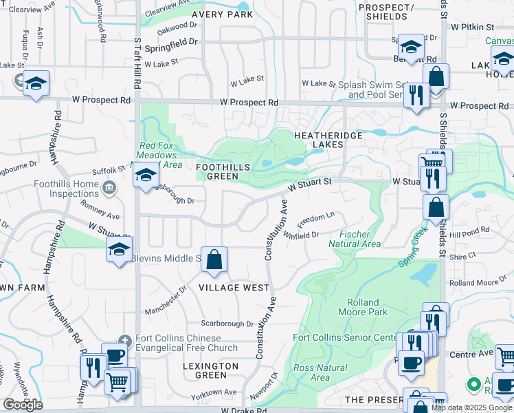 map of restaurants, bars, coffee shops, grocery stores, and more near 1706 Ridgewood Road in Fort Collins