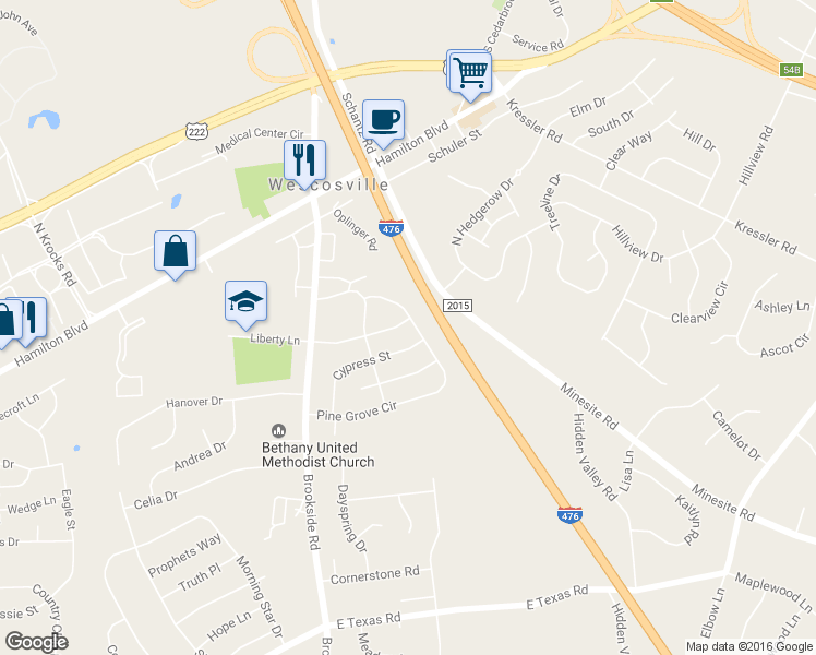 map of restaurants, bars, coffee shops, grocery stores, and more near 4858 Liberty Lane in Allentown