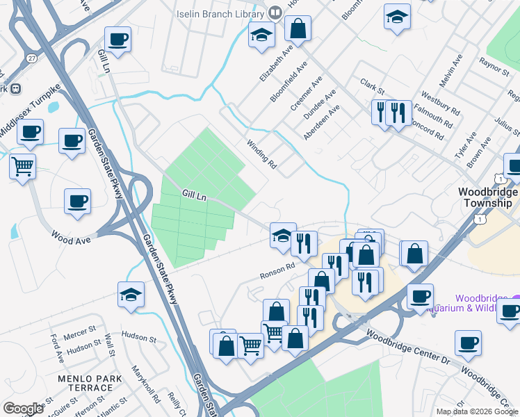 map of restaurants, bars, coffee shops, grocery stores, and more near 12 Harrowsgate Drive in Woodbridge Township