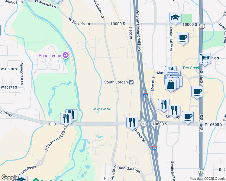 map of restaurants, bars, coffee shops, grocery stores, and more near 10392 South Jordan Gateway in South Jordan