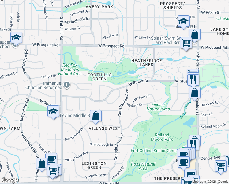 map of restaurants, bars, coffee shops, grocery stores, and more near 1706 Ridgewood Road in Fort Collins