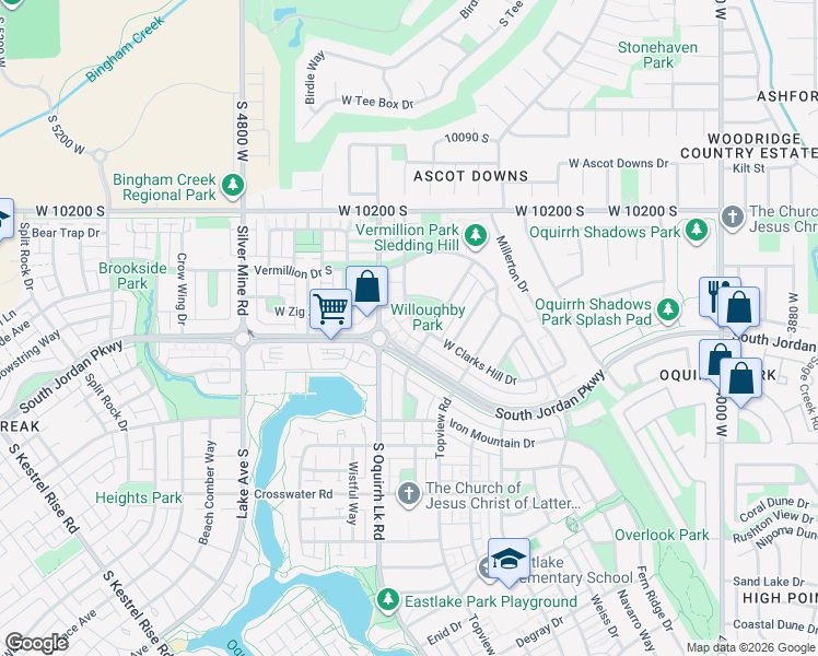 map of restaurants, bars, coffee shops, grocery stores, and more near 10358 Clarks Hill Drive West in South Jordan