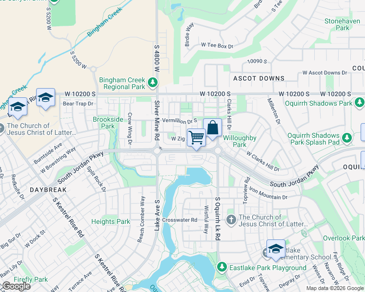 map of restaurants, bars, coffee shops, grocery stores, and more near 4723 West Zig Zag Road in South Jordan