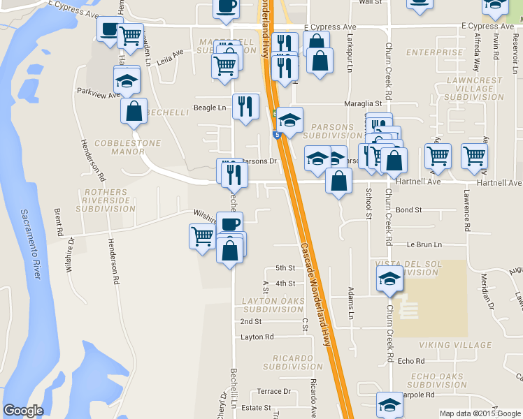 map of restaurants, bars, coffee shops, grocery stores, and more near 585 Hartnell Avenue in Redding