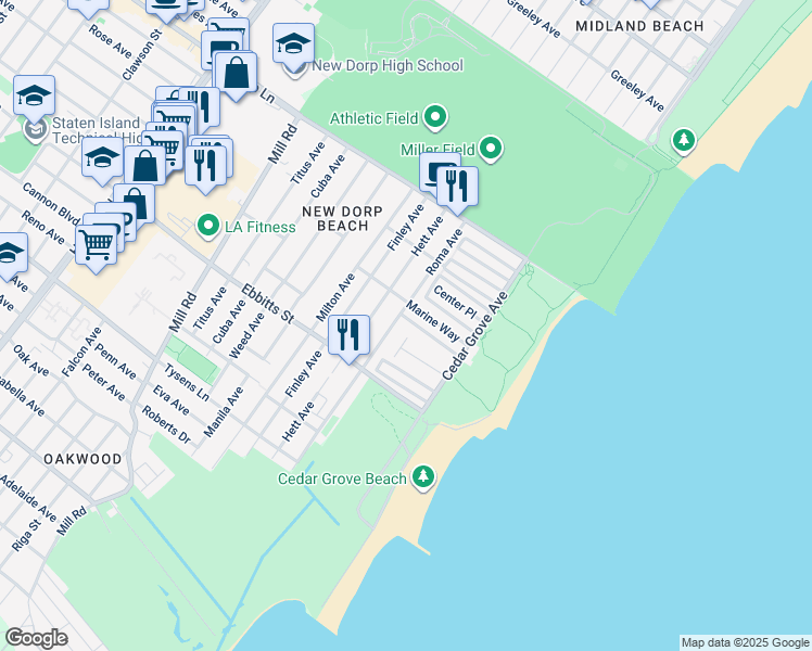 map of restaurants, bars, coffee shops, grocery stores, and more near 114 Hett Avenue in Staten Island
