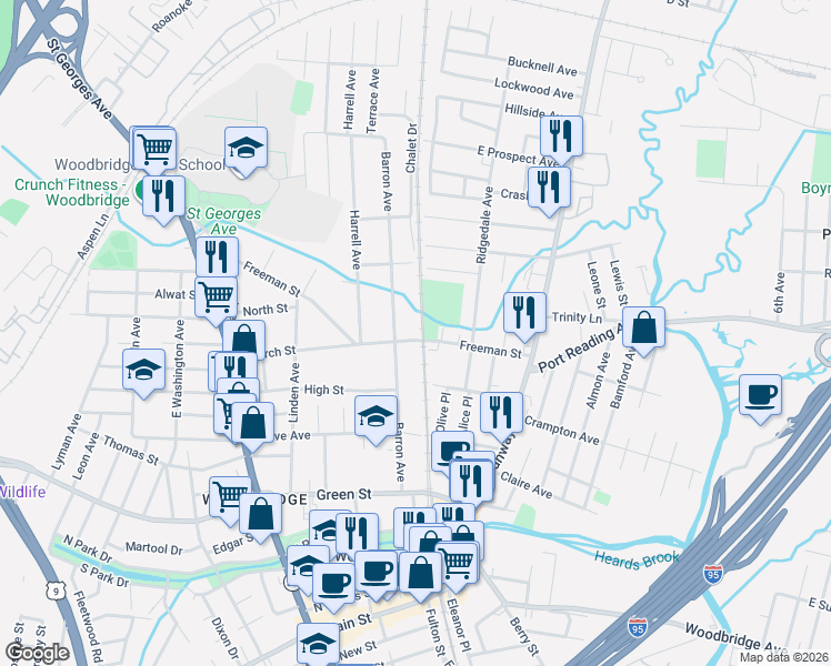 map of restaurants, bars, coffee shops, grocery stores, and more near 636 Barron Avenue in Woodbridge Township