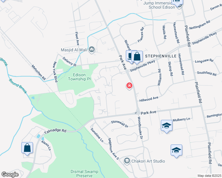 map of restaurants, bars, coffee shops, grocery stores, and more near 19 Park Gate Drive in Edison