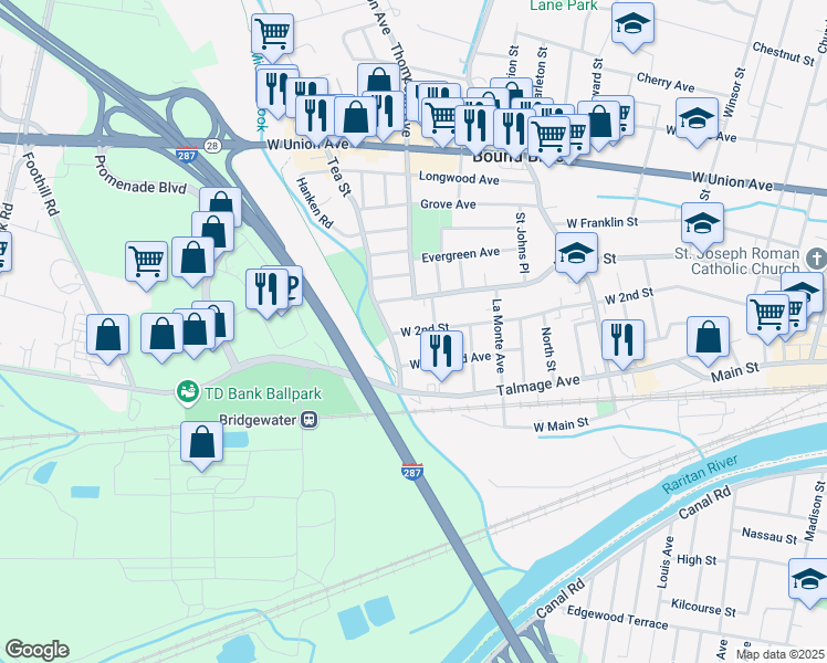 map of restaurants, bars, coffee shops, grocery stores, and more near 504 West 2nd Street in Bound Brook