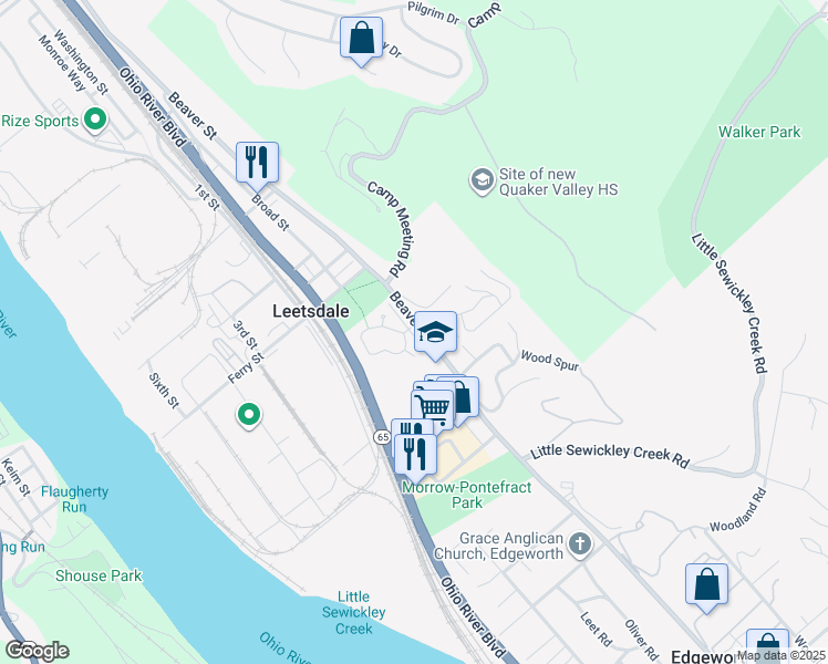 map of restaurants, bars, coffee shops, grocery stores, and more near 539 Beaver Street in Leetsdale
