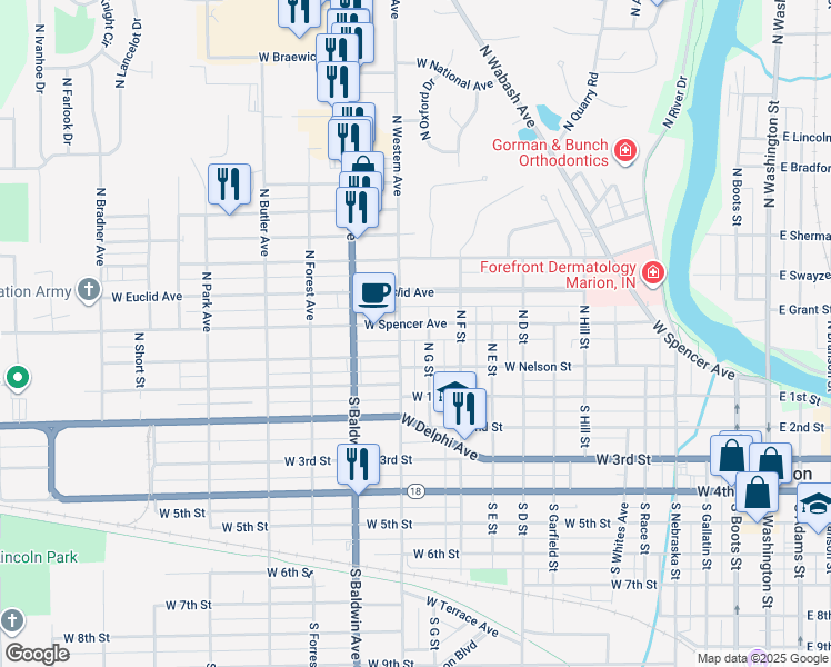 map of restaurants, bars, coffee shops, grocery stores, and more near 300-398 North Western Avenue in Marion