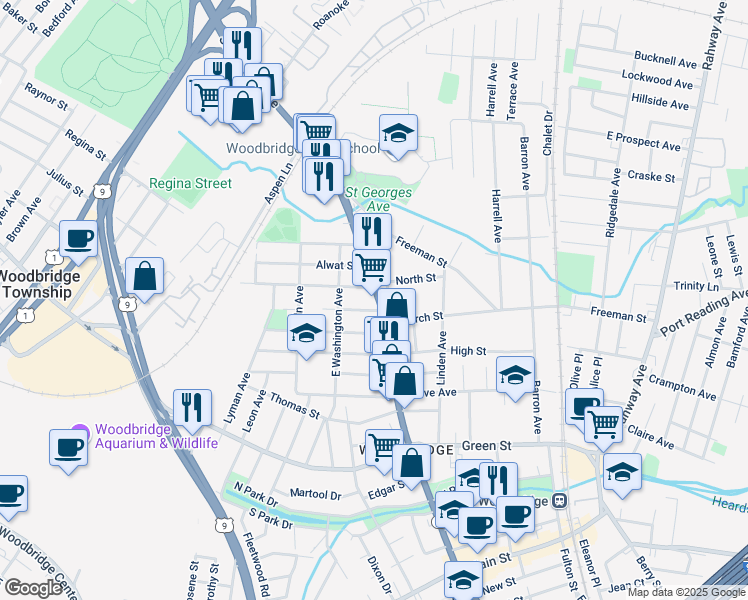 map of restaurants, bars, coffee shops, grocery stores, and more near 662 Amboy Avenue in Woodbridge Township