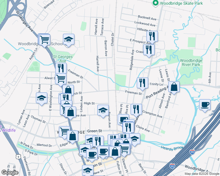 map of restaurants, bars, coffee shops, grocery stores, and more near 624 Barron Avenue in Woodbridge Township