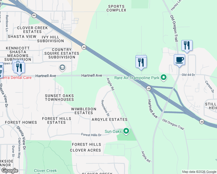 map of restaurants, bars, coffee shops, grocery stores, and more near 3096 Argyle Road in Redding