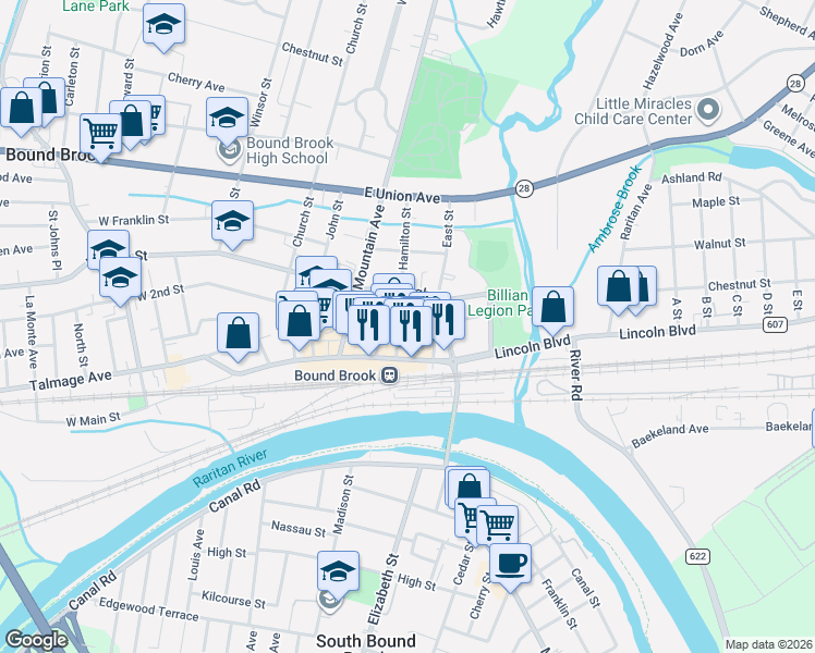 map of restaurants, bars, coffee shops, grocery stores, and more near 101-187 East Street in Bound Brook