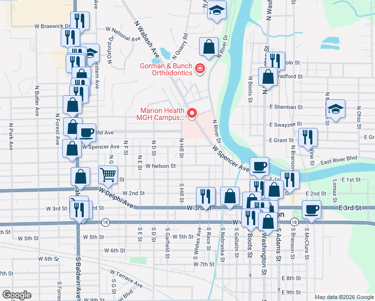 map of restaurants, bars, coffee shops, grocery stores, and more near 616 West Spencer Avenue in Marion
