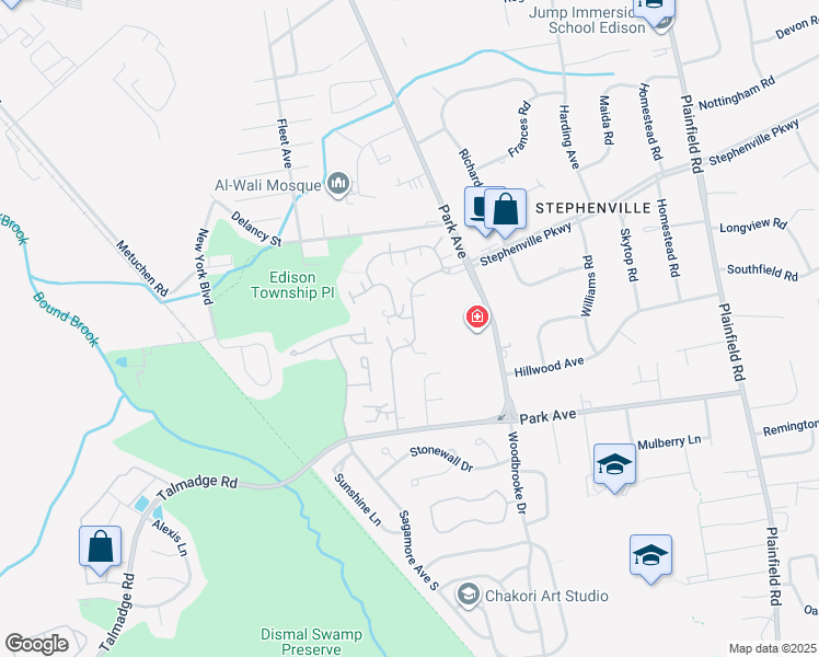 map of restaurants, bars, coffee shops, grocery stores, and more near 19 Park Gate Drive in Edison