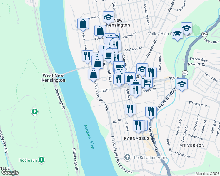map of restaurants, bars, coffee shops, grocery stores, and more near 700 4th Avenue in New Kensington