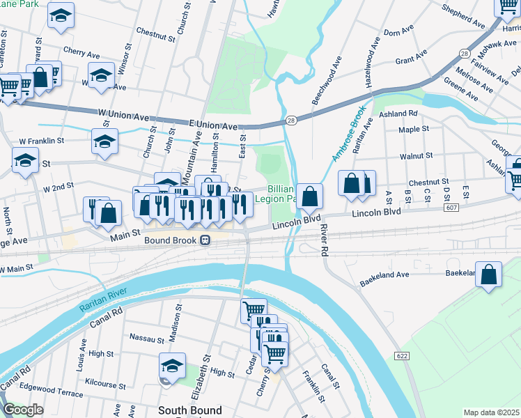 map of restaurants, bars, coffee shops, grocery stores, and more near 526 East 2nd Street in Bound Brook