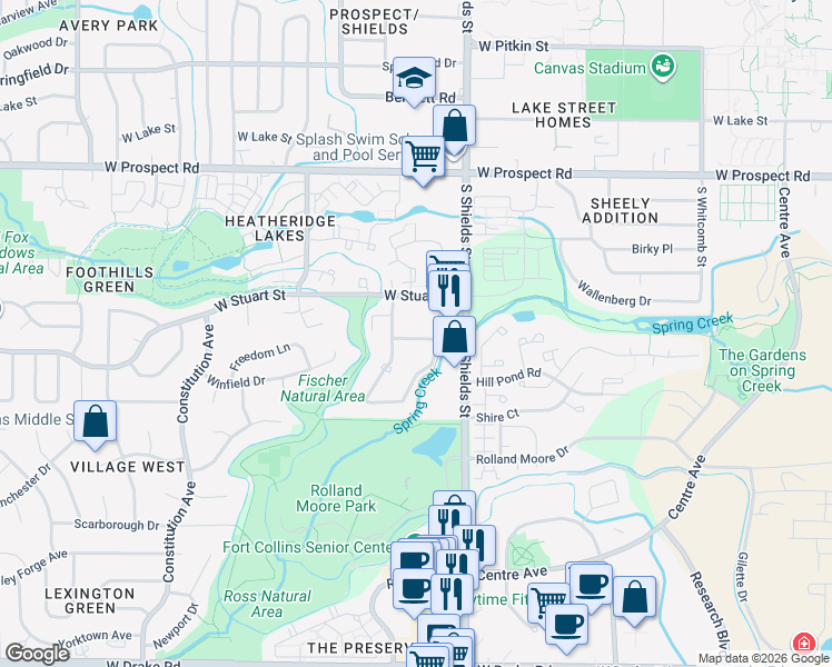 map of restaurants, bars, coffee shops, grocery stores, and more near 1805 South Shields Street in Fort Collins