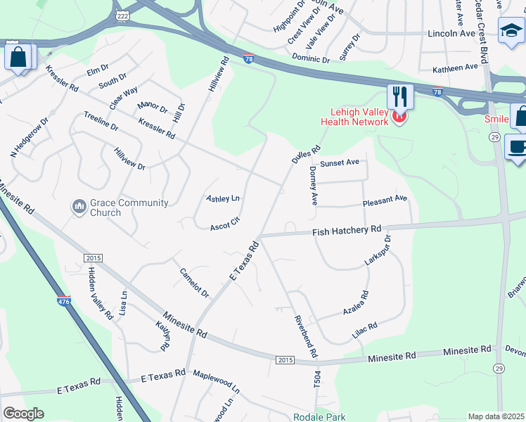 map of restaurants, bars, coffee shops, grocery stores, and more near 4091 East Texas Road in Allentown