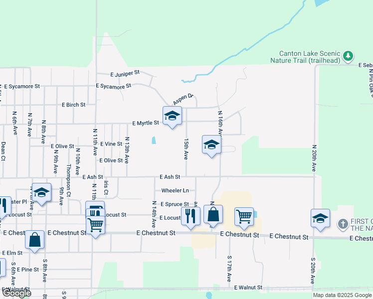 map of restaurants, bars, coffee shops, grocery stores, and more near 15th Avenue in Canton