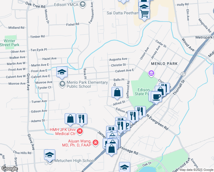 map of restaurants, bars, coffee shops, grocery stores, and more near 214 Tyroler Avenue in Edison