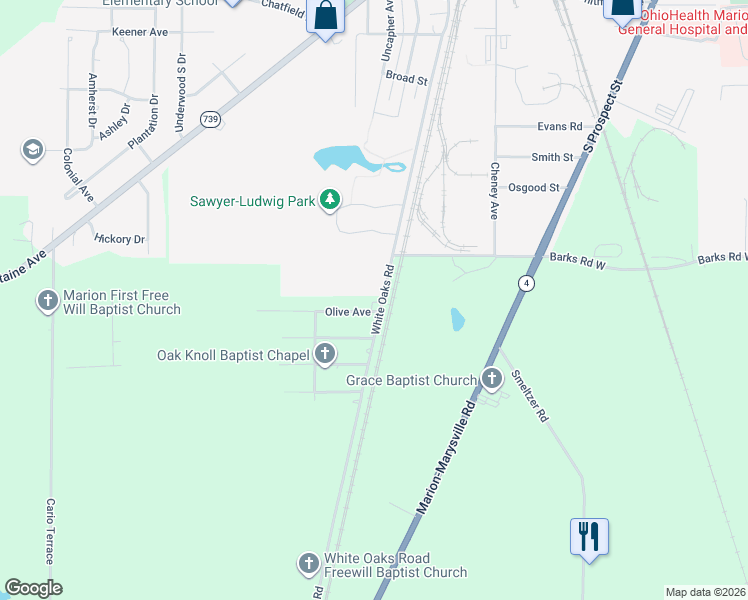 map of restaurants, bars, coffee shops, grocery stores, and more near 1433 White Oaks Road in Marion