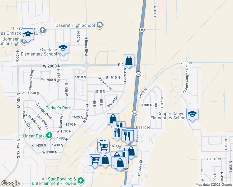 map of restaurants, bars, coffee shops, grocery stores, and more near 182 Aparicio Drive in Tooele