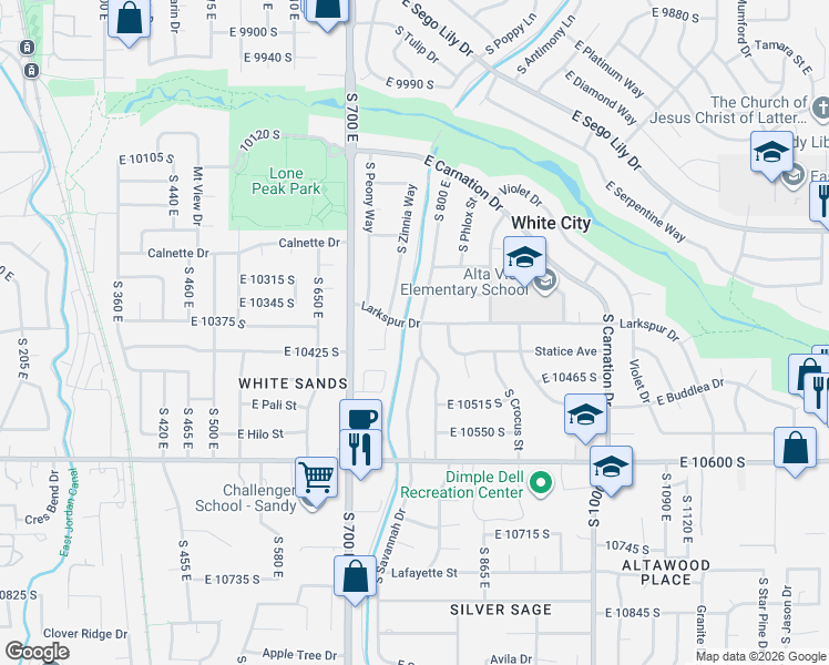 map of restaurants, bars, coffee shops, grocery stores, and more near 10384 Amaryllis Street in Sandy