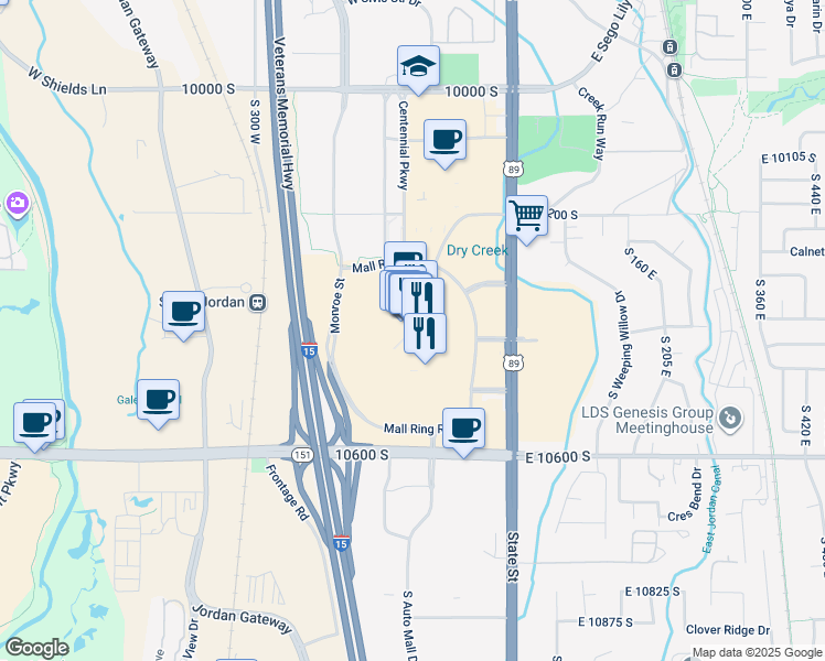 map of restaurants, bars, coffee shops, grocery stores, and more near 10450 State Street in Sandy