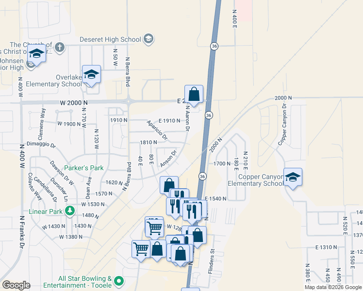 map of restaurants, bars, coffee shops, grocery stores, and more near 212 Aparicio Drive in Tooele