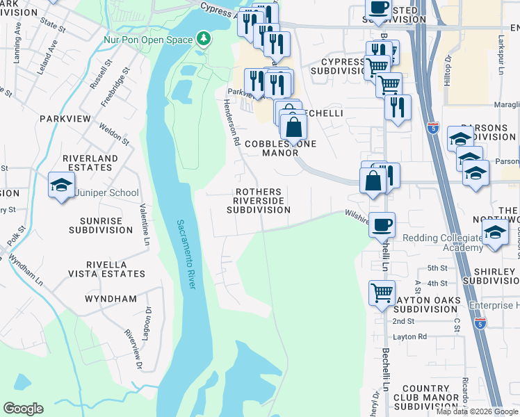 map of restaurants, bars, coffee shops, grocery stores, and more near 3043 Henderson Road in Redding