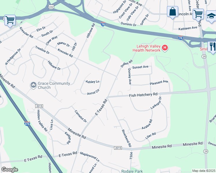 map of restaurants, bars, coffee shops, grocery stores, and more near 4091 East Texas Road in Allentown