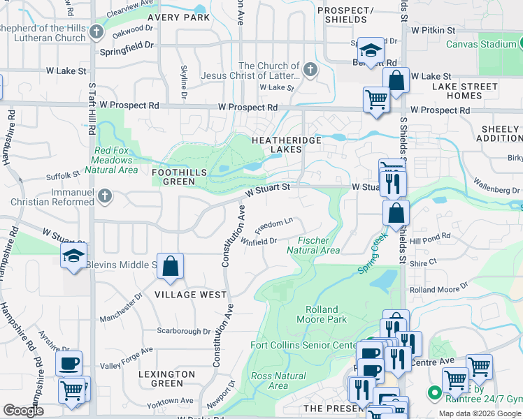 map of restaurants, bars, coffee shops, grocery stores, and more near 1860 Marlborough Court in Fort Collins